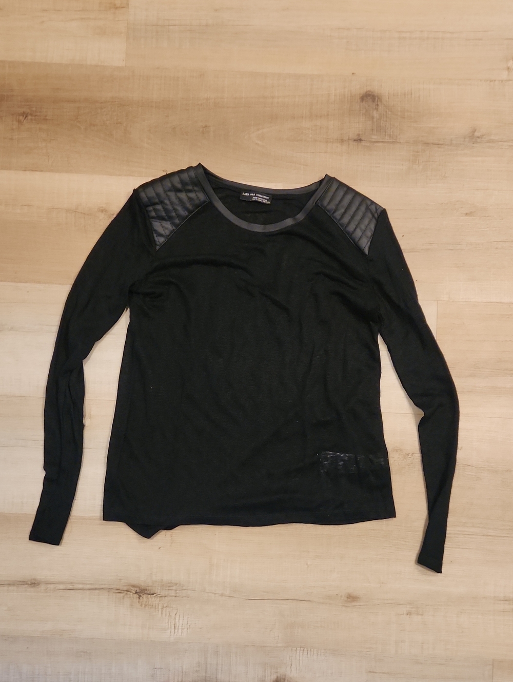 Zara Black Long-Sleeve Tee with Quilted Shoulder Panels
